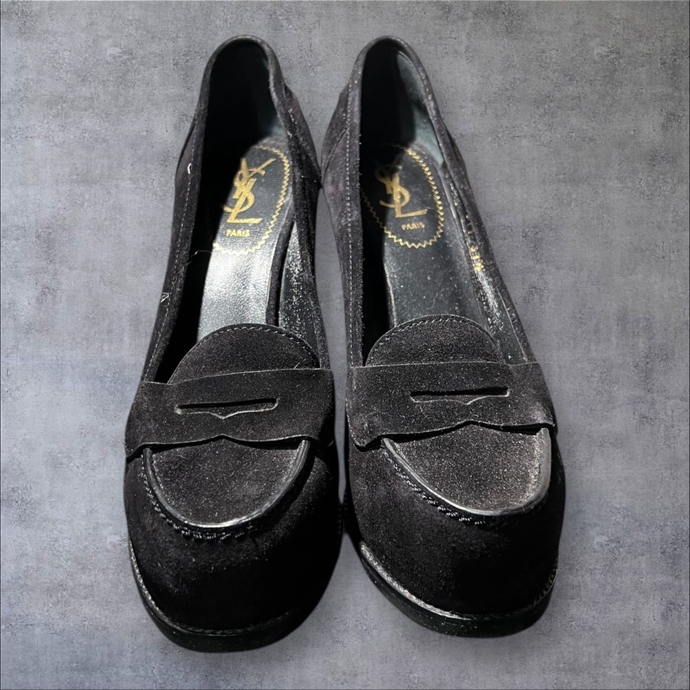 Authentic YSL Black Suede Penny Loafer Heels – Size 37.5 - Picture 2 of 7